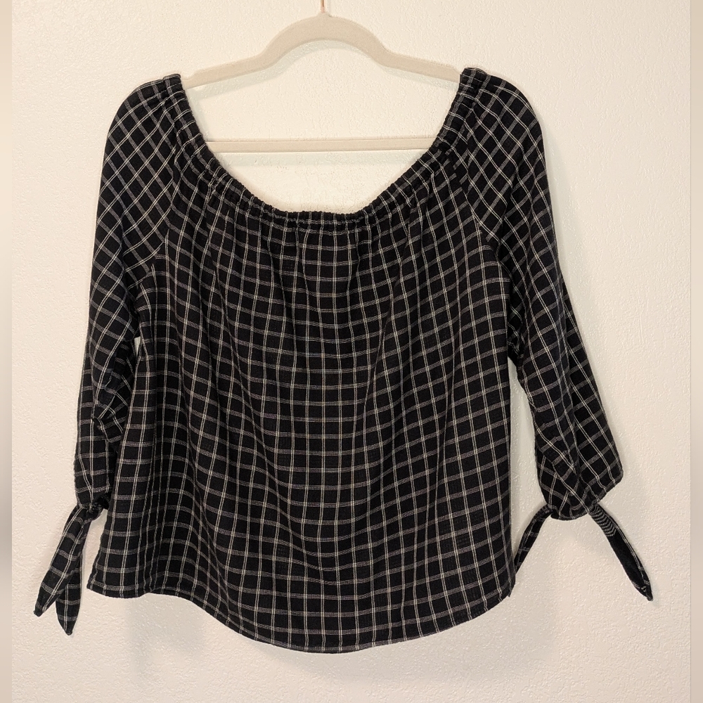 Madewell Black Checkered Blouse with Tie Sleeves - Picture 1 of 5